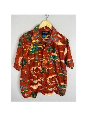 Vintage Avant Garde Mens Tropical Hawaiian Shirt Orange Palm Tree Surfer Large